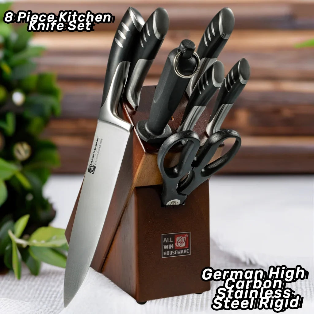 8-Piece German Steel Kitchen Knife Set & Rubber Wood Block