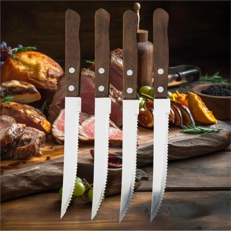 Serrated Steak Knife Set – Stainless Steel Wooden Handle