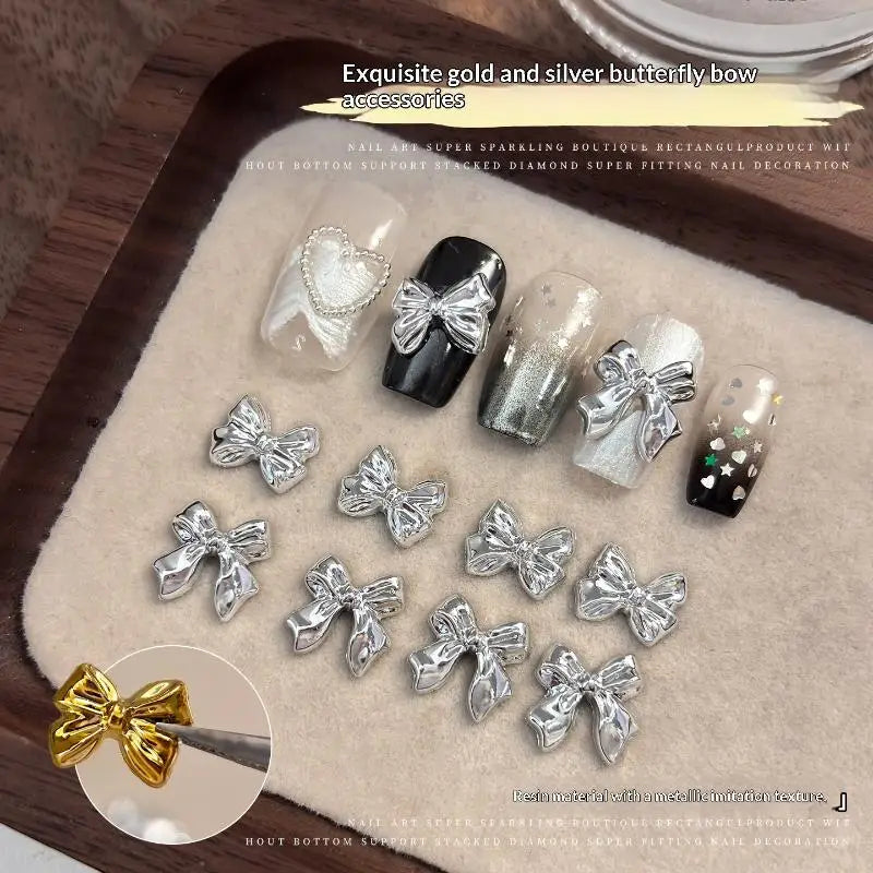 50pcs Gold & Silver Bow Tie Resin Nail Art Charms | Manicure Decor