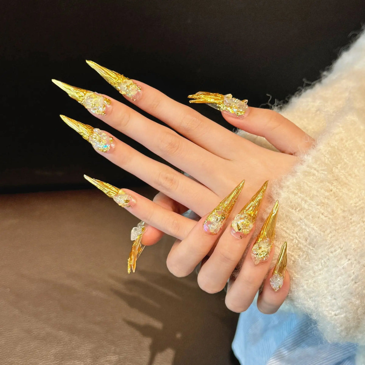 Handmade Gold Foil Rhinestone Press-On Nails | Long Stiletto