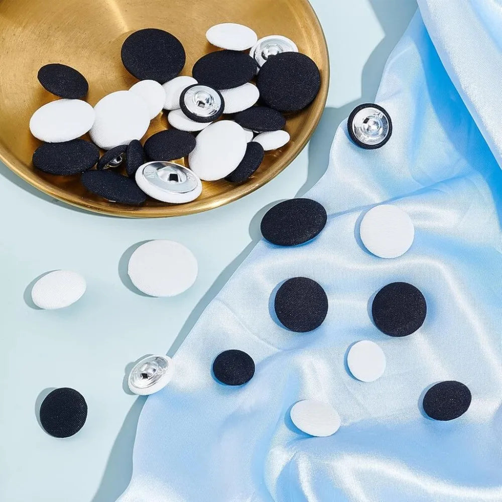 48pcs Fabric Covered Buttons 4 Sizes Black White Craft Sewing