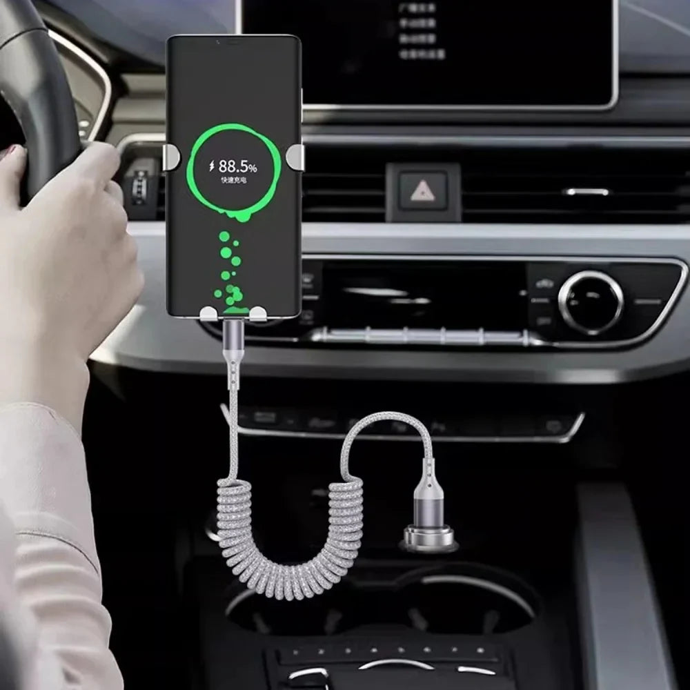 100W USB-C Retractable Spring Car Charger Cable | Fast Charge