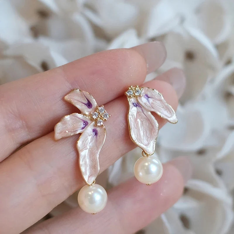 Huitan Pink Enamel Flower & Pearl Drop Earrings | Women