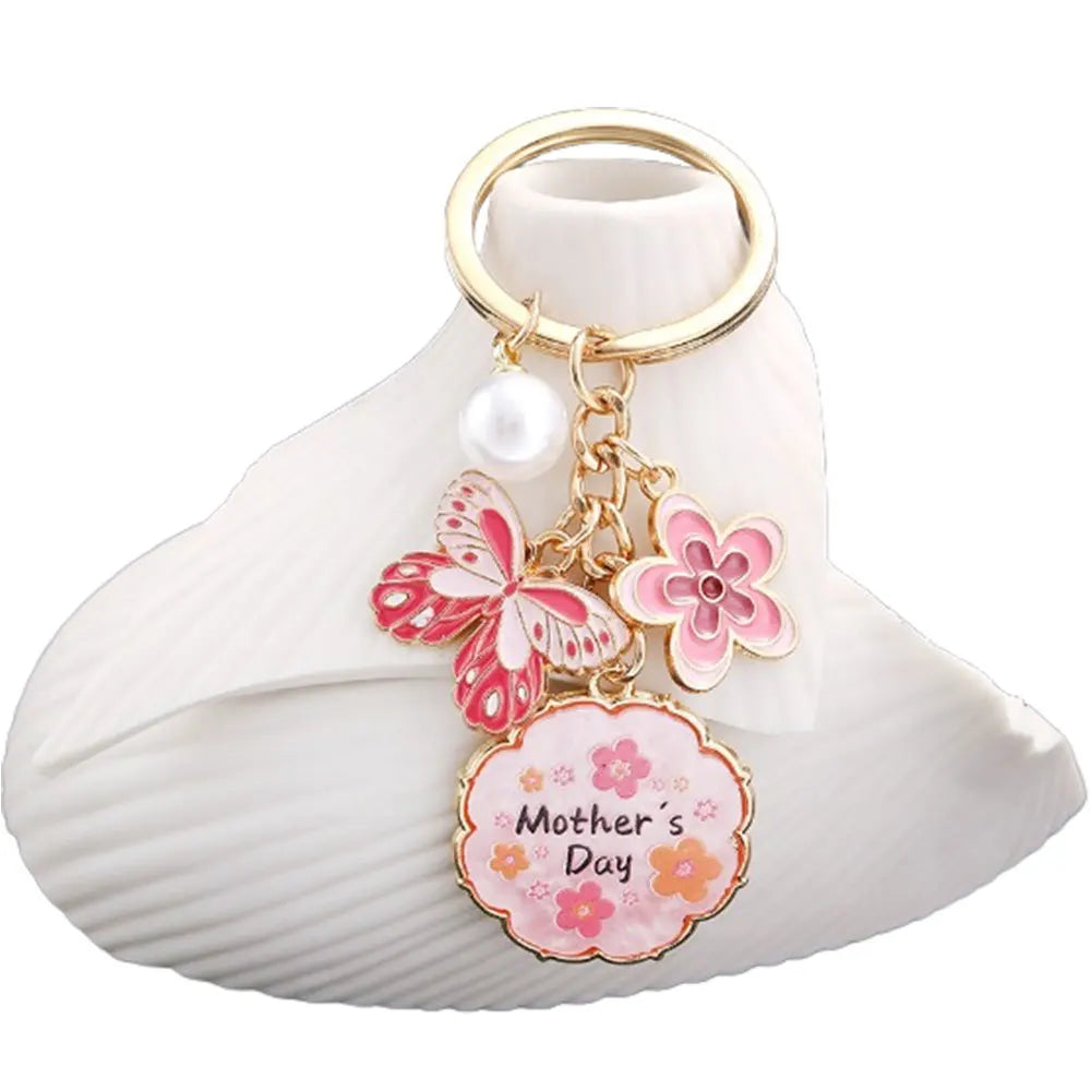 Drop Oil Pink Butterfly Flowers Pearl MOTHER'S DAY Keychain Accessory