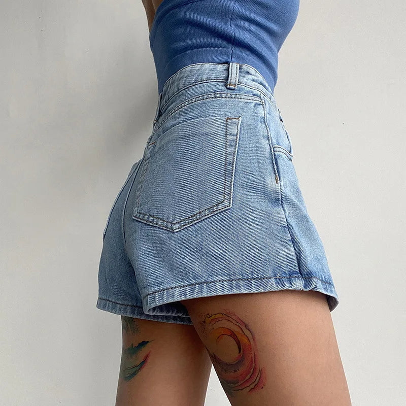 Women's High-Waist Denim Skort – Fake Two-Piece Jean Skirt