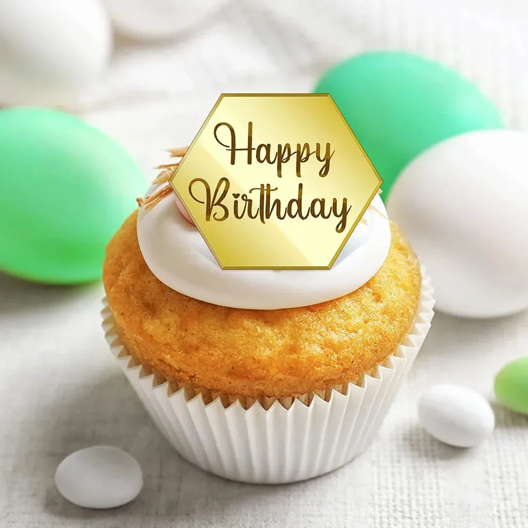 Happy Birthday Cupcake Toppers Gold Acrylic Circle Dessert Cake DIY