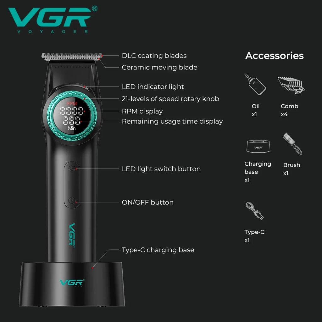 VGR V-977 Cordless Hair Clipper Trimmer | LED, USB, 260-Min Battery