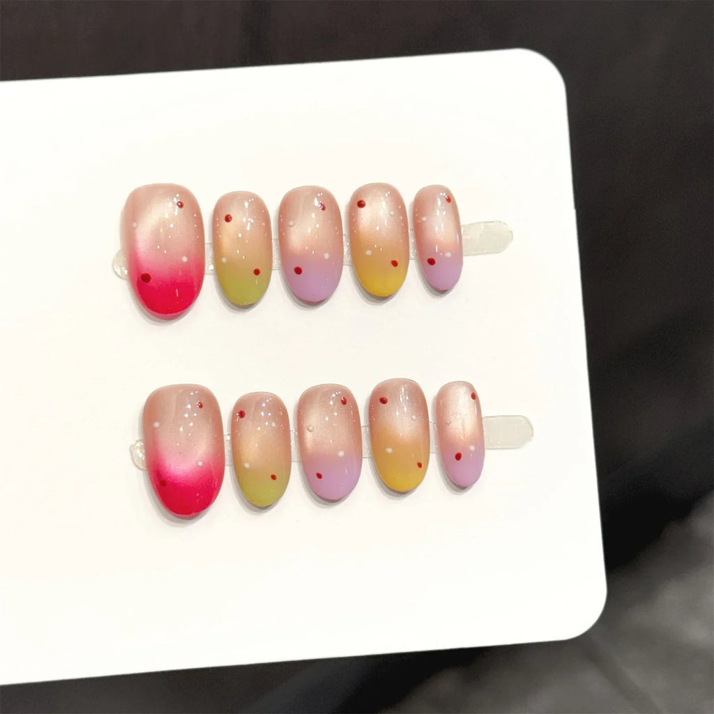 Handmade Cat's Eye Press-On Nails | Rainbow Gradient Almond Tips