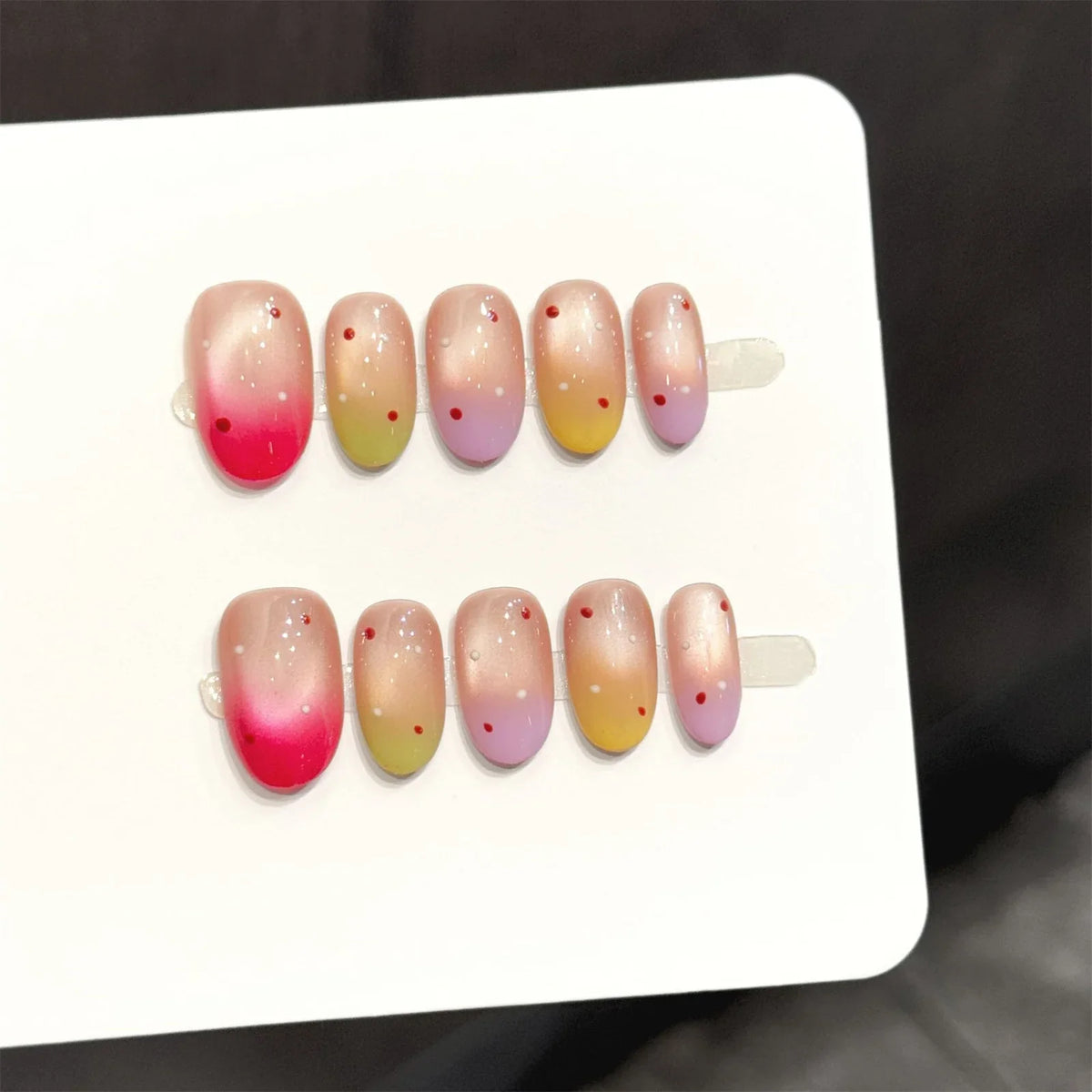 Handmade Cat's Eye Press-On Nails | Rainbow Gradient Almond Tips