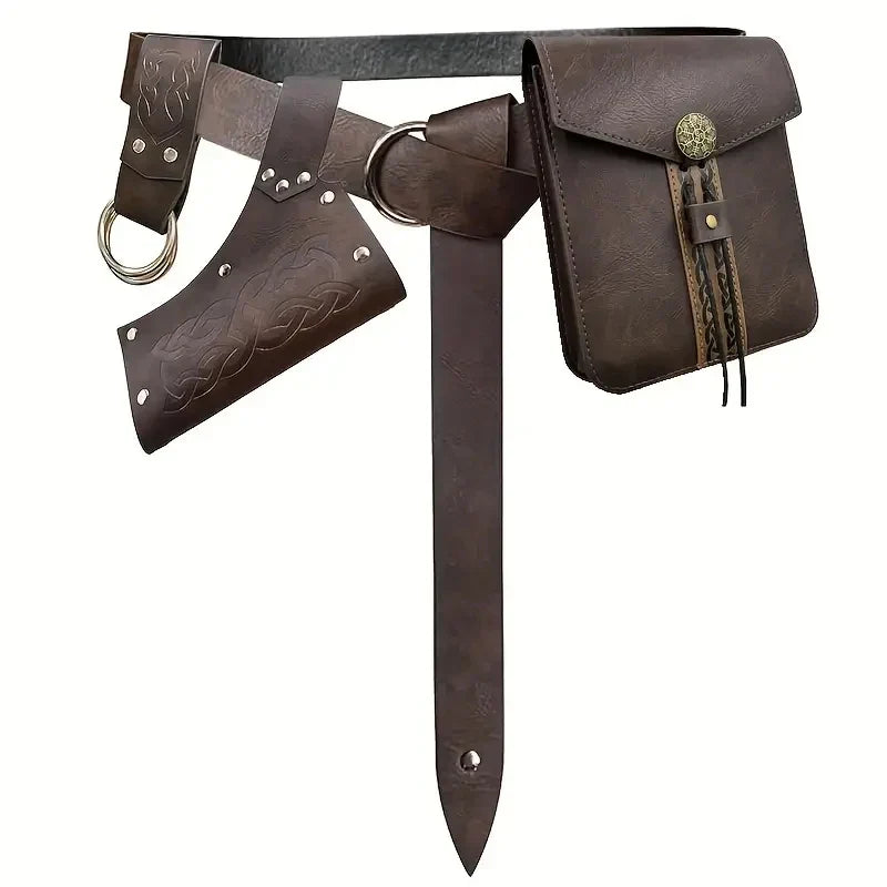 Renaissance Medieval Belt Skirt Hiking Viking Horn Design Leather