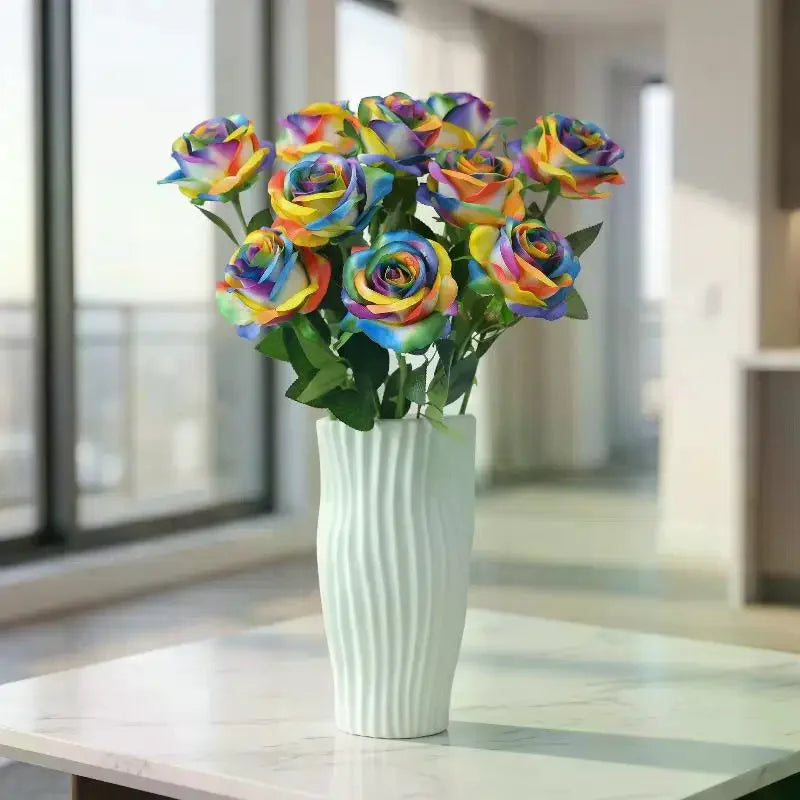 Rainbow Artificial Roses – Realistic Fake Flower Stems, 3pc Set