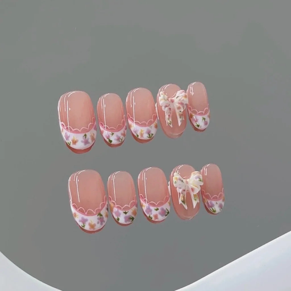 Handmade Pink French Floral Press On Nails | Short Round 10pcs