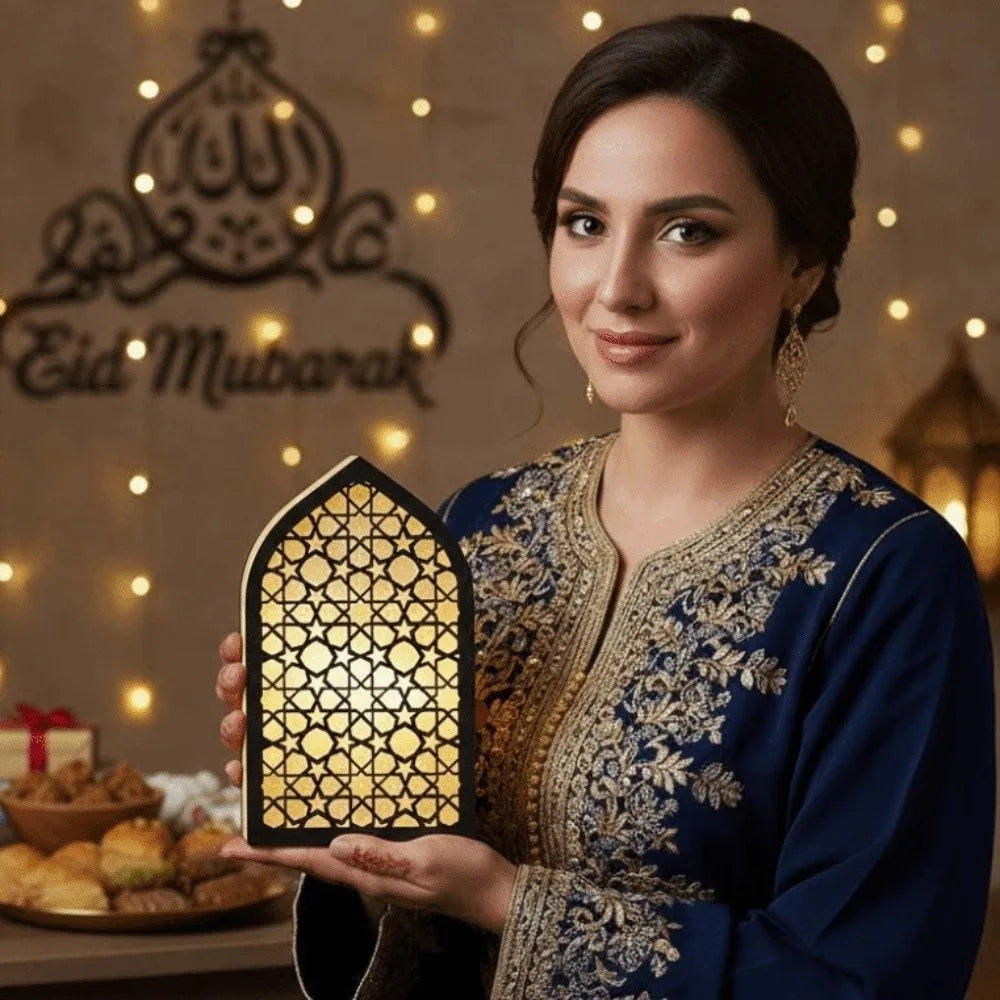 Eid LED House Night Light Ornament | Moon Carved Wooden Decor