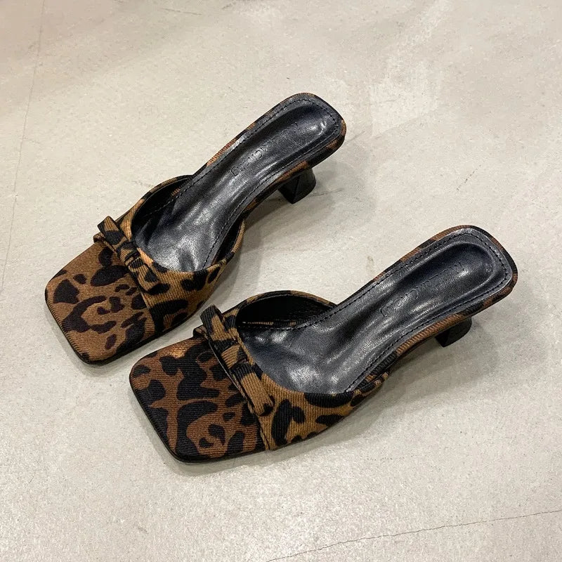 Women's Butterfly-Knot Square Toe Slide Mule Slippers Low Heel