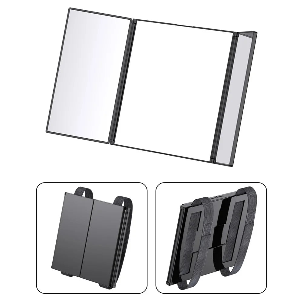 Black Portable 3-Way 360-Degree Folding Mirror Haircut Shaving Makeup