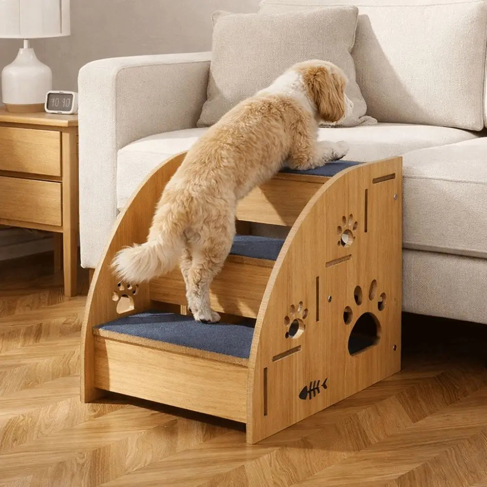 Non-Slip Wooden Dog Stairs with Safety Railing | Pet Steps