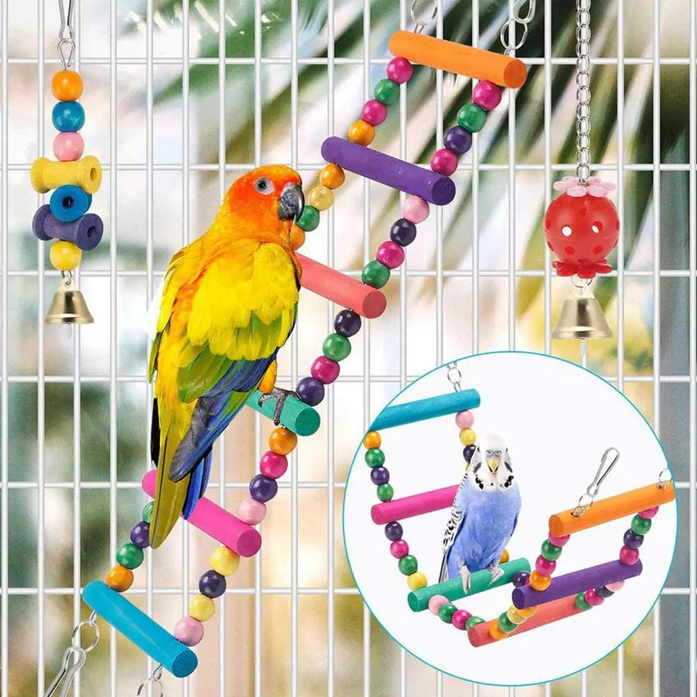 11-Piece Natural Wood Parrot Toy Set – Swing, Chew & Bell Toys