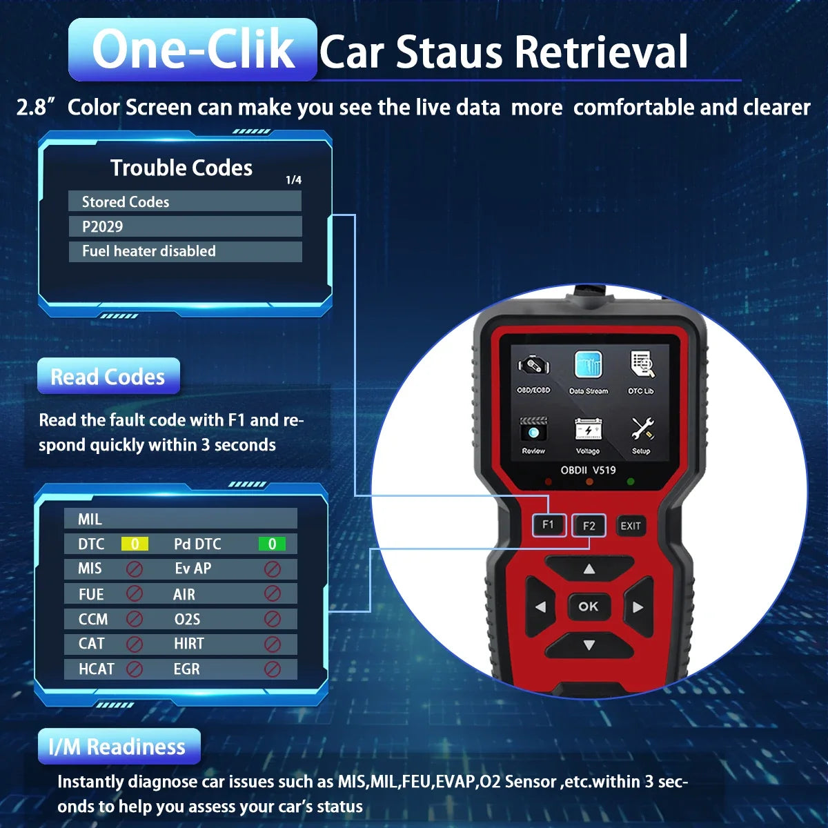 OBD2 Scanner 519R – Engine Fault Code Reader & Voltage Tester