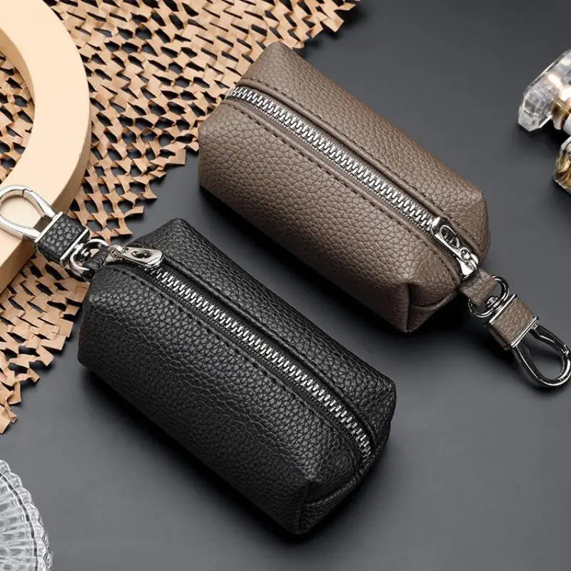 Double Zipper PU Leather Key & Coin Pouch with Metal Clip