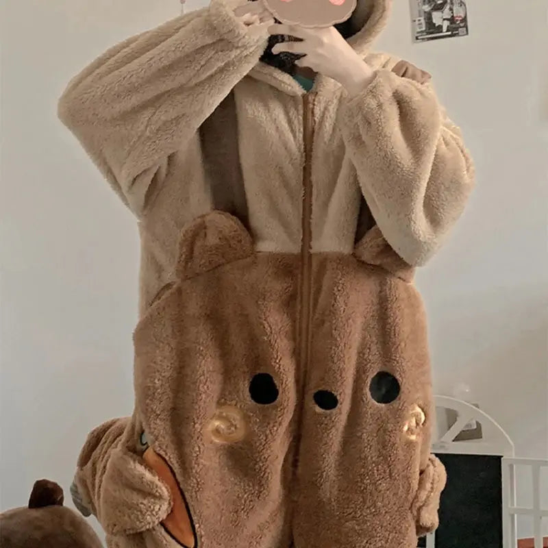 Flannel Animal Onesie Pajamas – Unisex Hooded Bear Sleepwear
