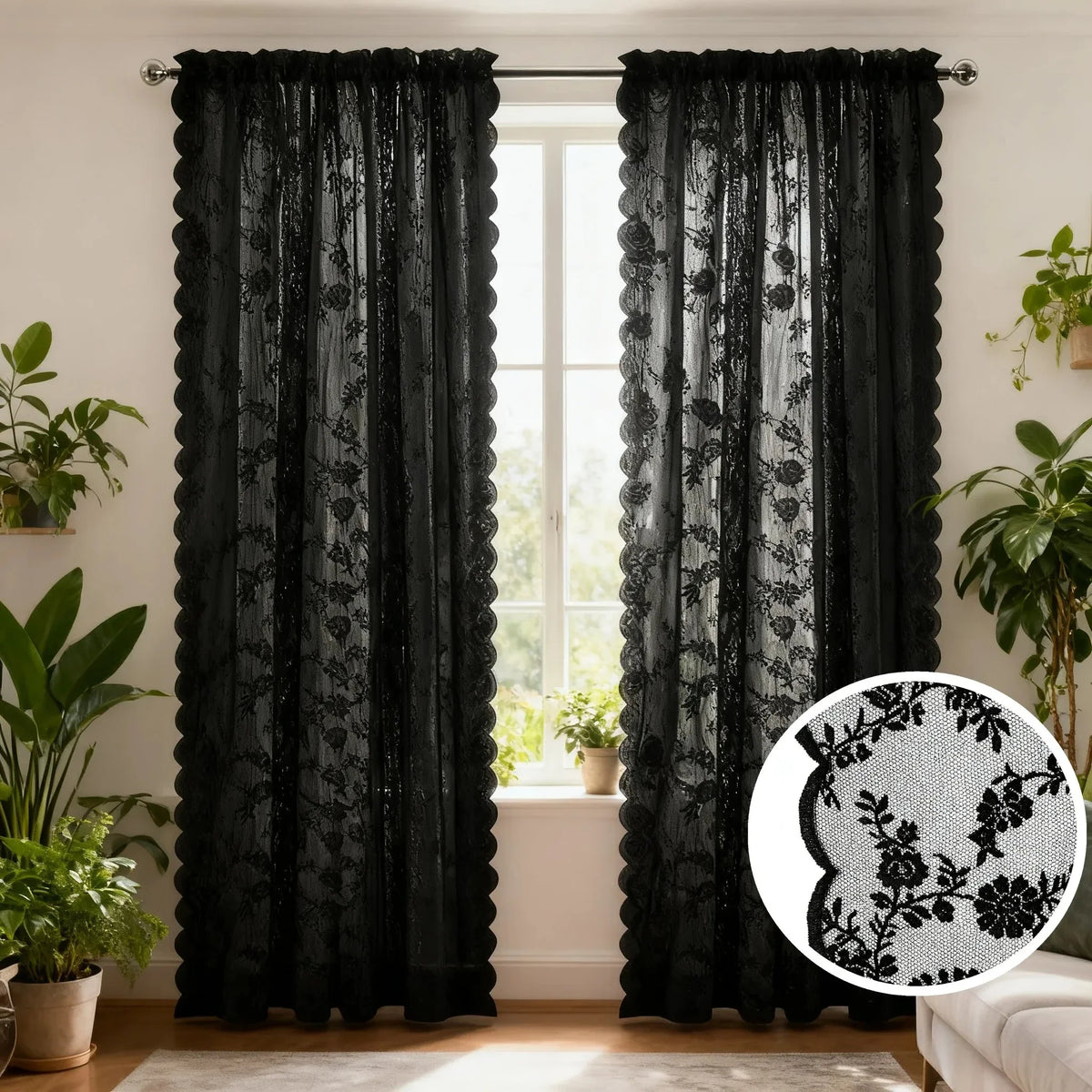 White Floral Lace Sheer Curtains | Rod Pocket Voile Drapes
