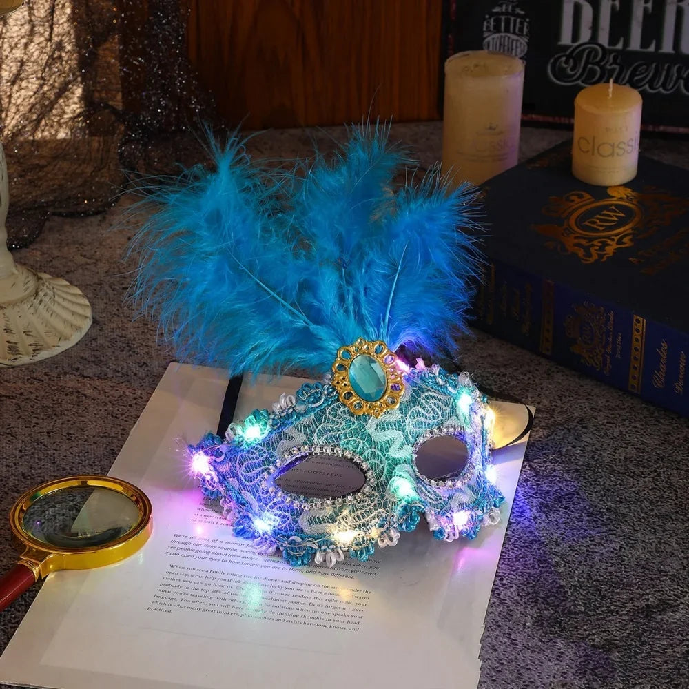 Venetian Venice Glowing Feather Led Masks Woman Fancy Dance Party Eye
