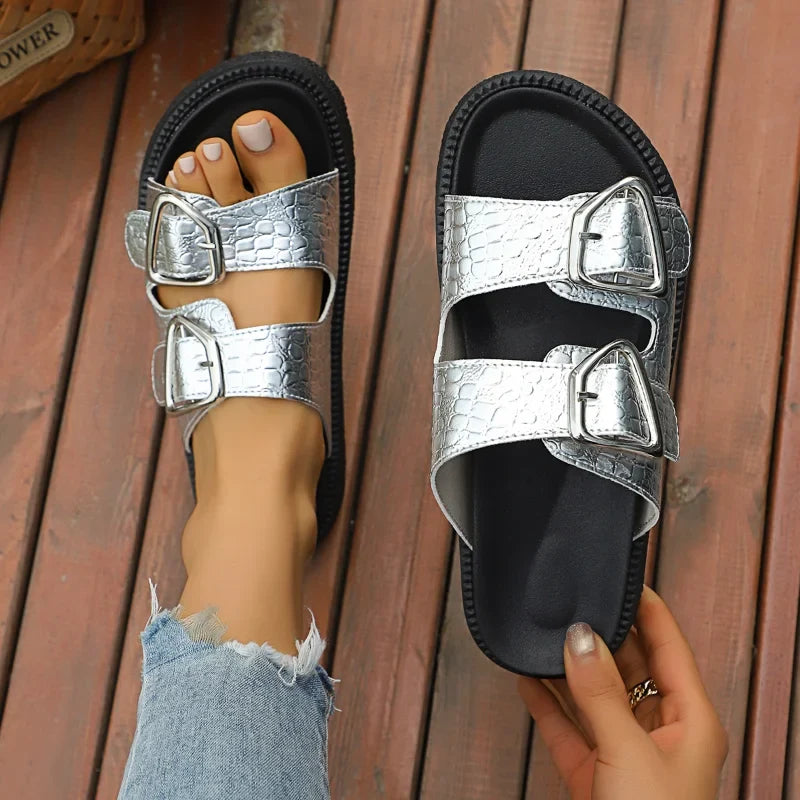 UXST Women's Metal Buckle Flat Sandal Slippers | Anti-Slip