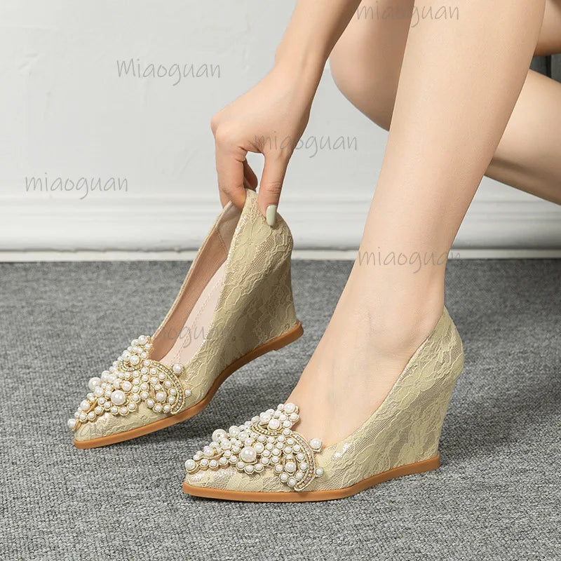 Pearl Embroidered Wedding Pumps – Pointed Toe Wedge Heels