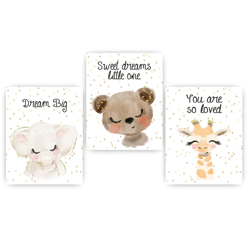Nursery Animal Canvas Wall Art – Giraffe Bear Elephant Kids Print