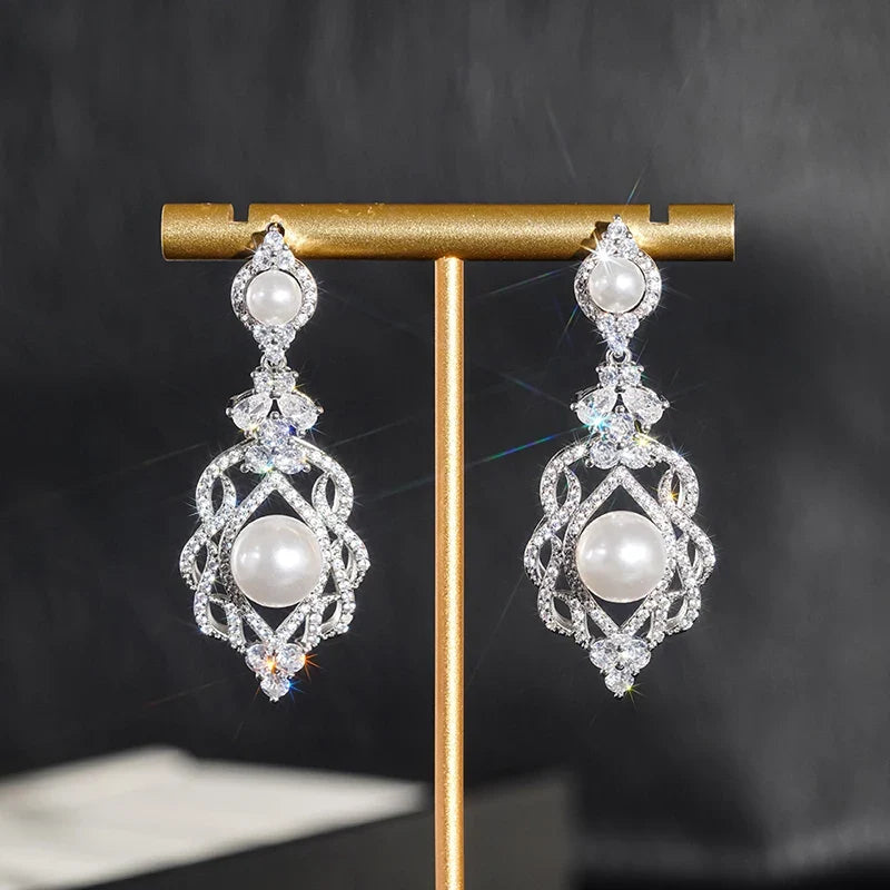 Huitan Pearl CZ Drop Earrings – Silver Dangle Jewelry for Women