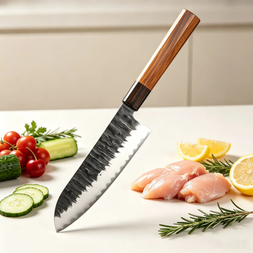 Hammer Forged Santoku Knife – Stainless Steel & Wood Handle