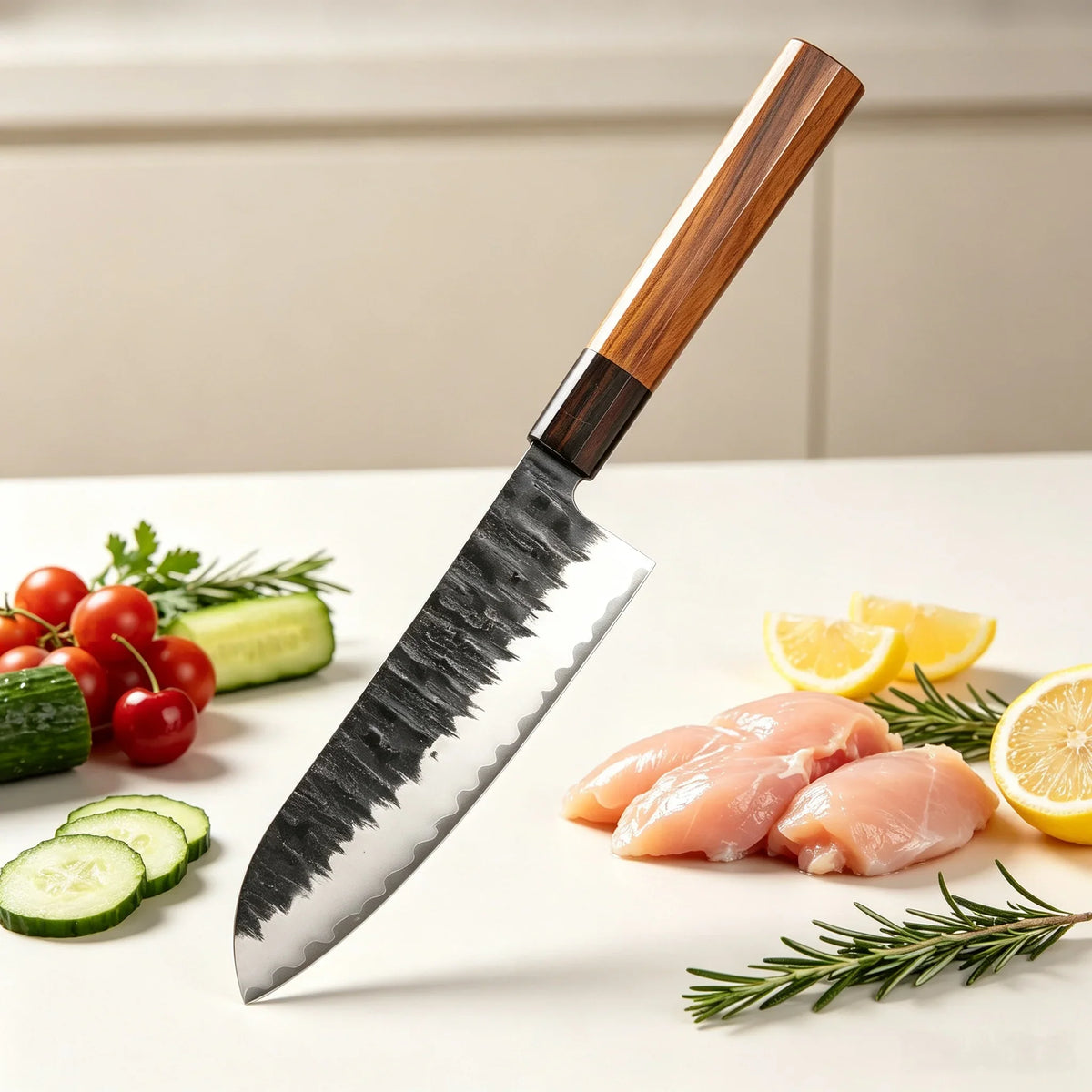 Hammer Forged Santoku Knife – Stainless Steel & Wood Handle