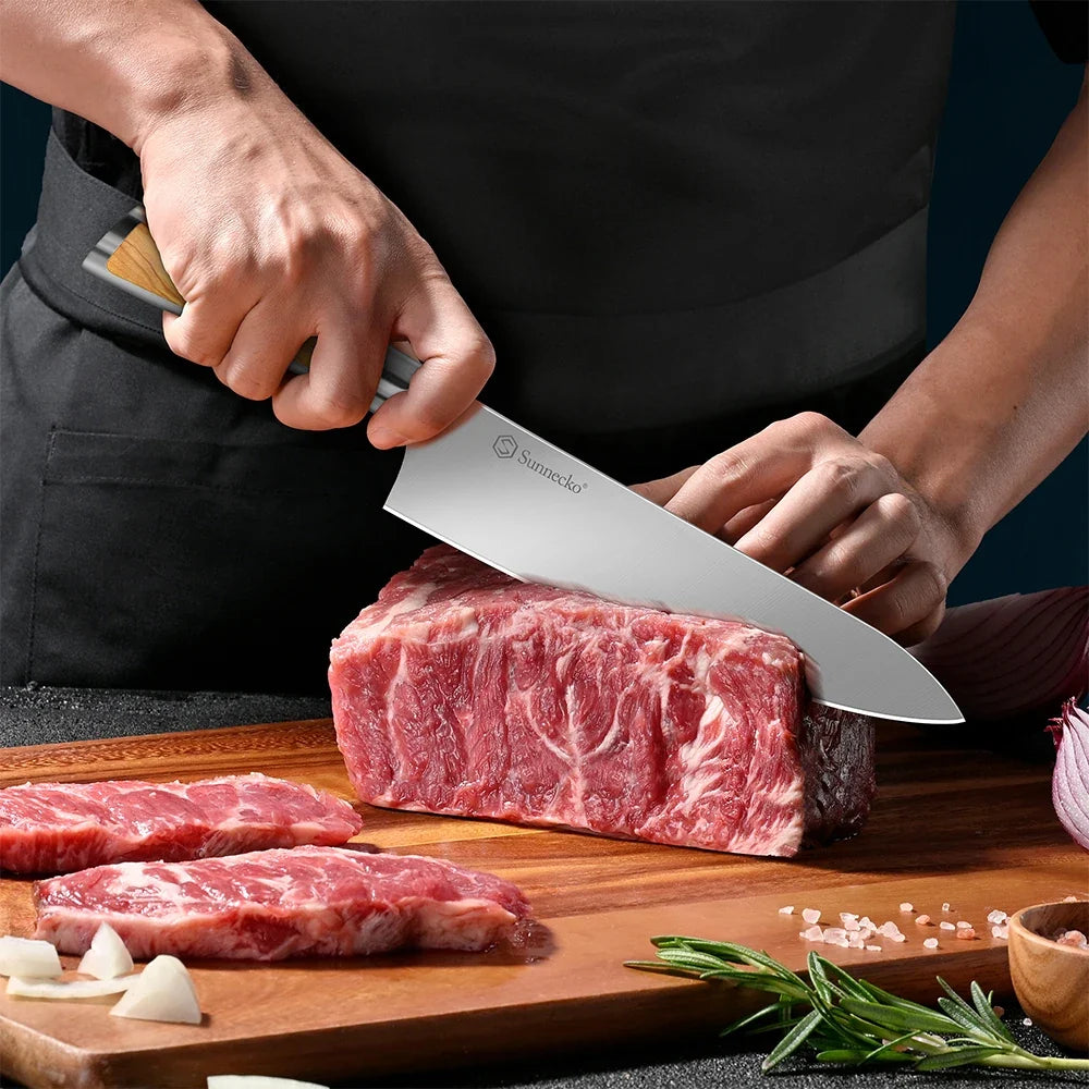 Sunnecko Chef's Knife – Stainless Steel & Olive Wood Handle