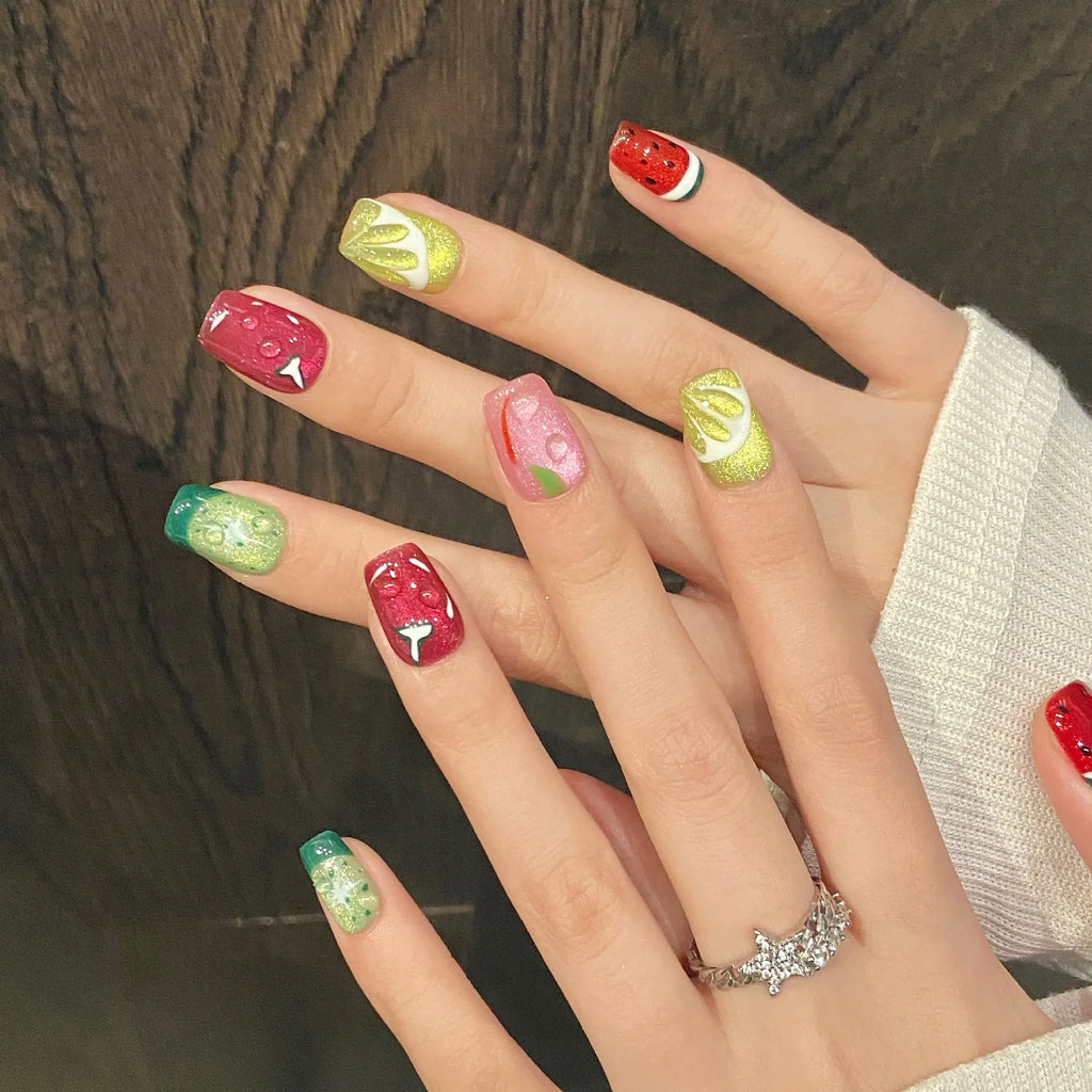 10pcs Handmade Fruit Press On Nails – Watermelon & Lemon Cat Eye