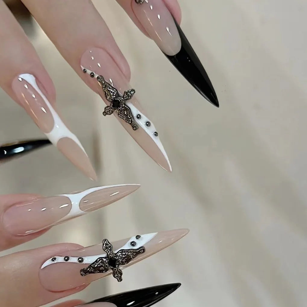 Gothic Punk Press On Nails Dark Blue Silver | 10pcs Set