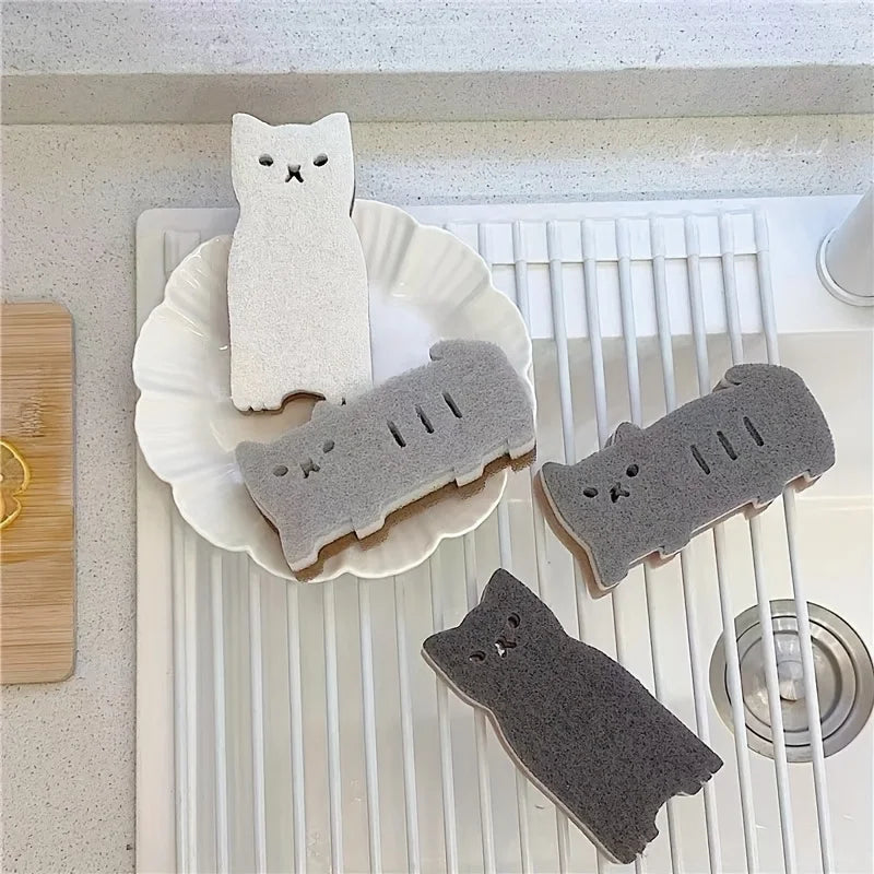 4-Pack Cute Cat Kitchen Sponge Set | Microfiber Dishwashing