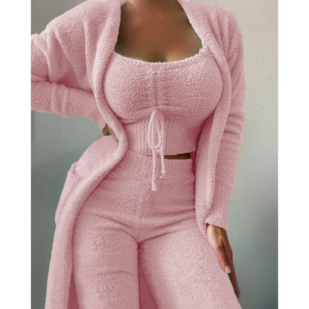 Women's Fluffy Winter Pajama Set 3-Piece Plus Size S–3XL
