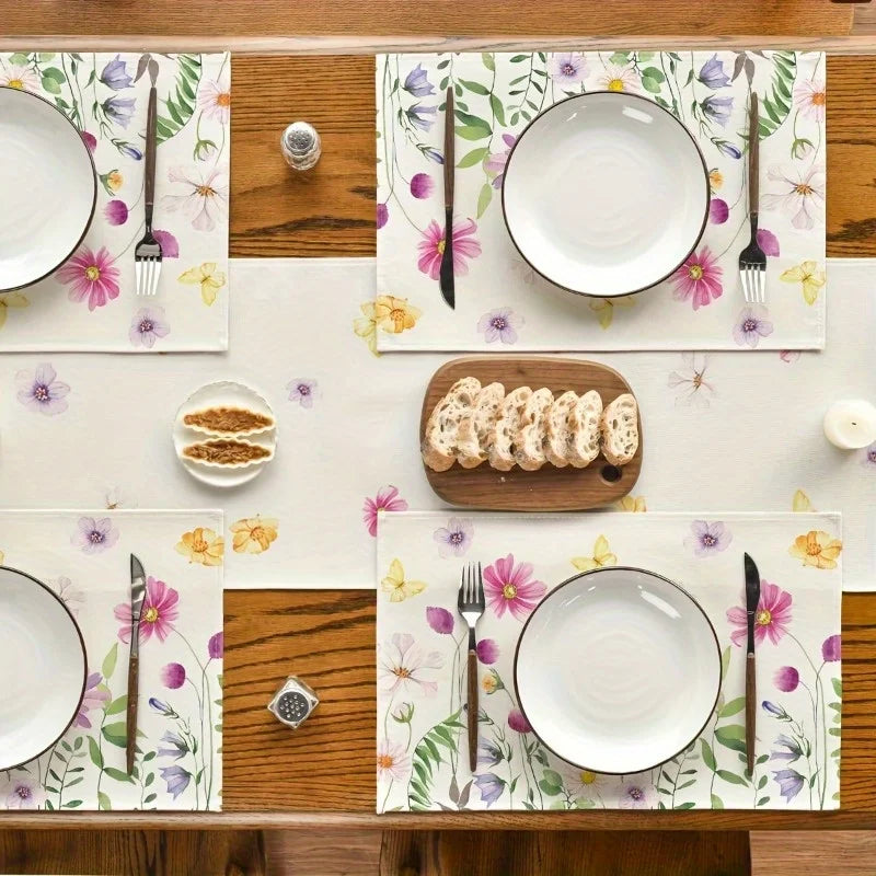 4-Pack Watercolor Wildflower Linen Placemats | Floral & Butterfly
