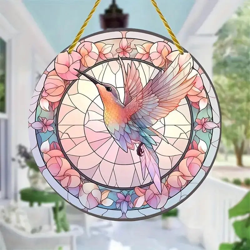 Acrylic Painted Hummingbird Pendant Bird Floral Pattern Suncatcher