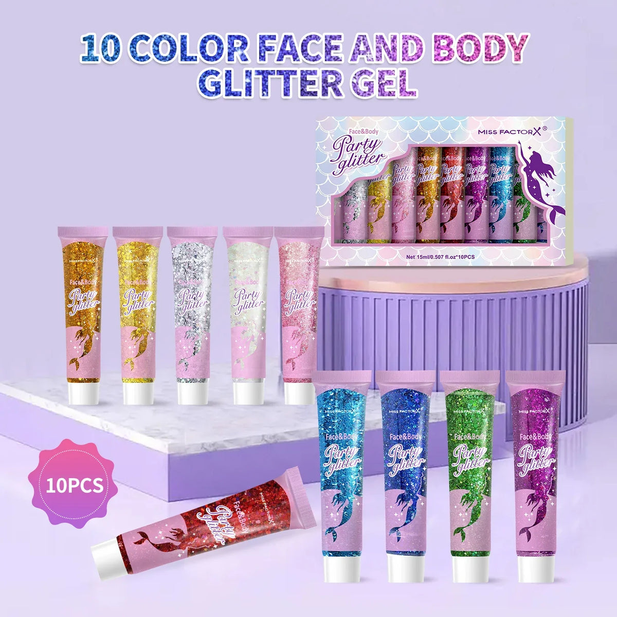 10-Piece Face & Body Glitter Gel Set – Festival Carnival Makeup