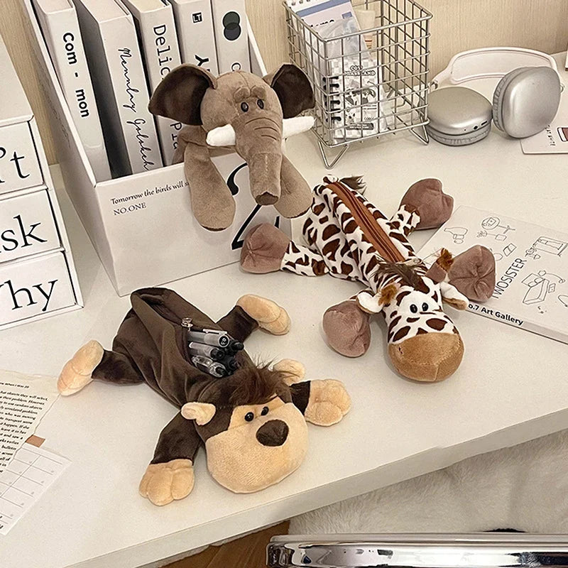 Cartoon Animal Plush Pencil Case – Kids Large Capacity Pen Bag