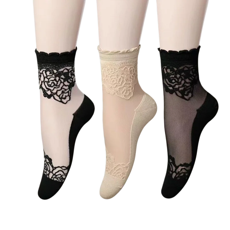 Women's Sheer Lace Ankle Socks – Floral Mesh 3 Pairs