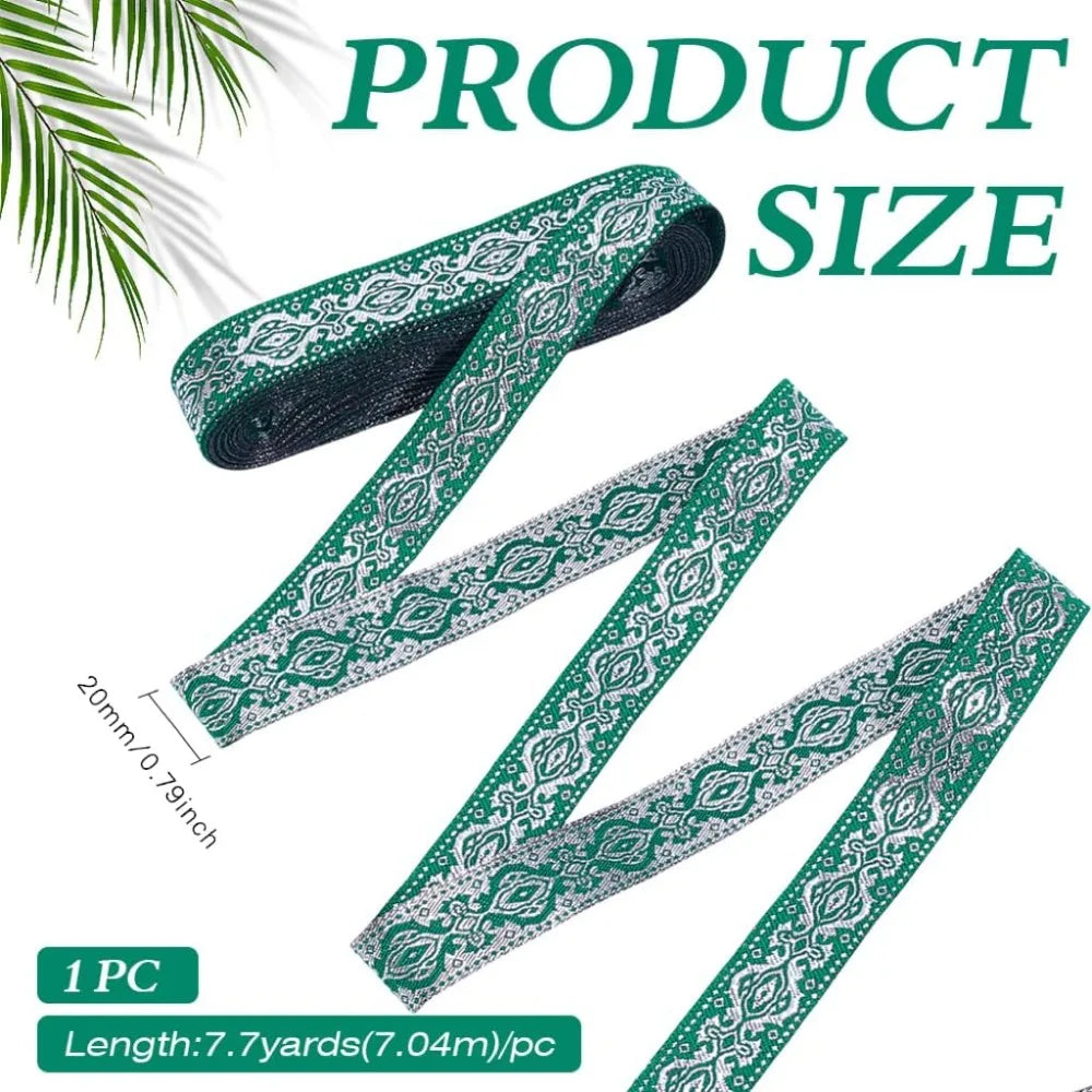 Green Ethnic Jacquard Ribbon 20mm Polyester Floral Trim 7.7 Yds