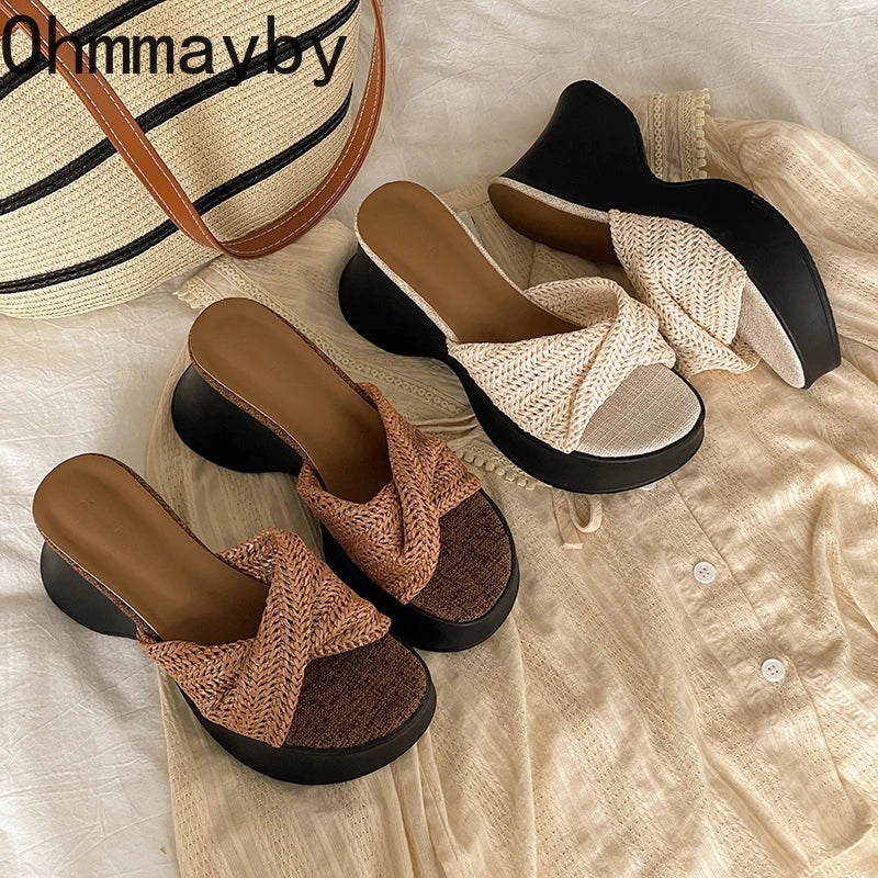 Women's Woven Platform Wedge Sandals – Open Toe Slides