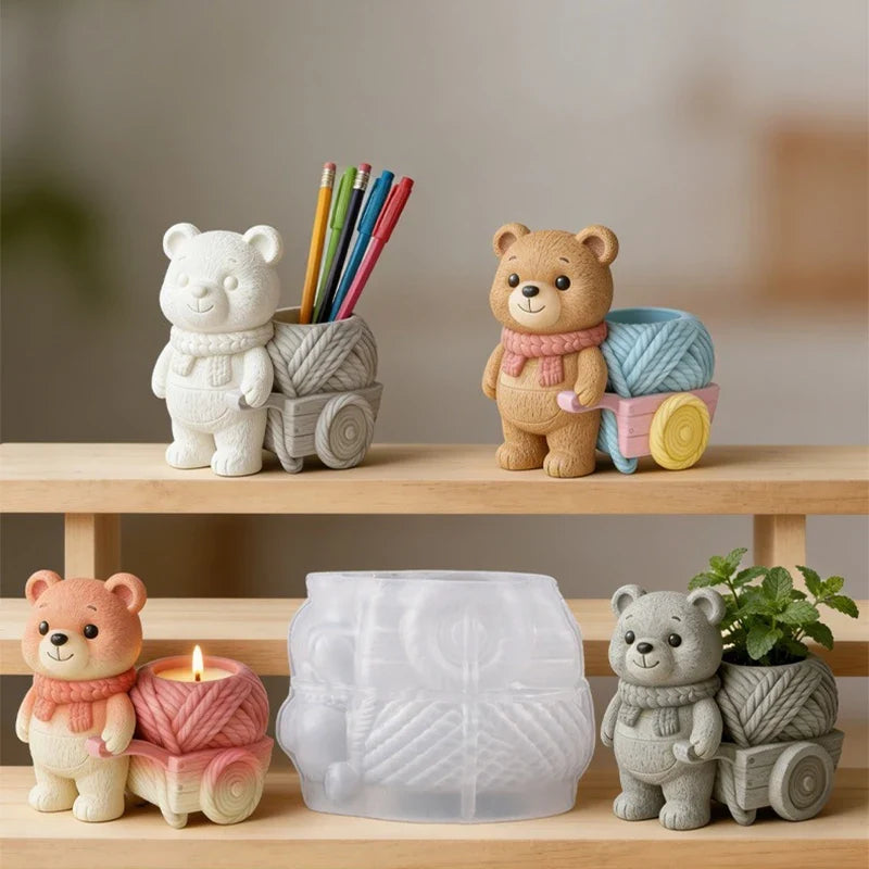 Floral Cart Bear Silicone Mold DIY Cement Plaster Gypsum Cup Resin