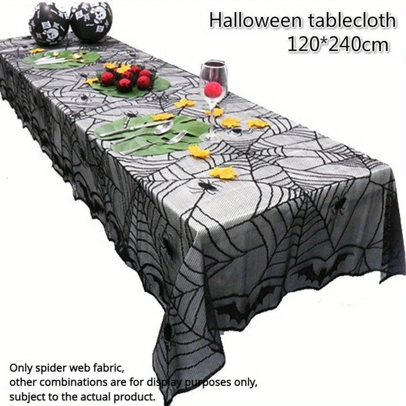Black Lace Spider Web Tablecloth – Halloween Table Decor 48x96"
