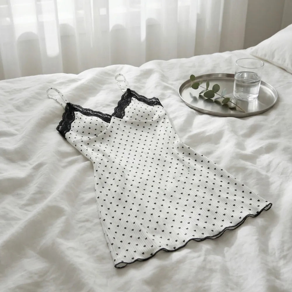 Women's Heart Print Lace Camisole Nightdress | Sleepwear S–XXL