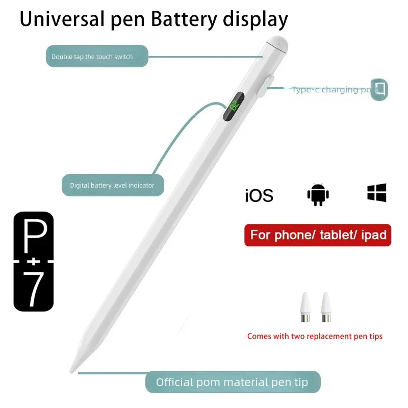 P+7 Universal Stylus Pen with Battery Display for iPad & Android
