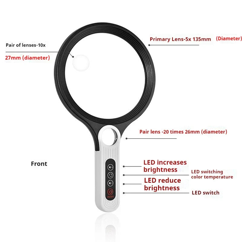 135mm LED Handheld Magnifying Glass – Tri-Color, 5–10x Zoom