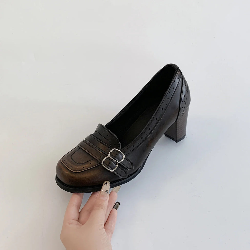 Women's Vintage Mary Jane Pumps – Thick Square Heel Slip-On